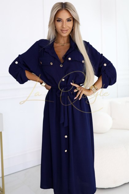 Szmizjerka midi ze złotymi guzikami i wiązaniem GRANATOWA