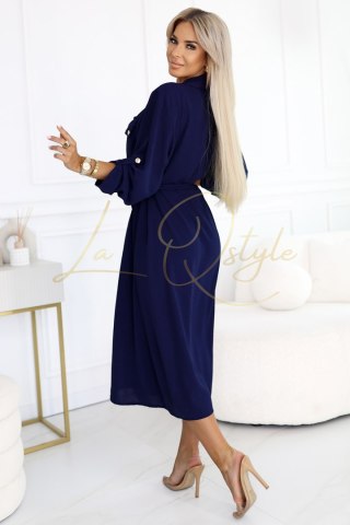 Szmizjerka midi ze złotymi guzikami i wiązaniem GRANATOWA