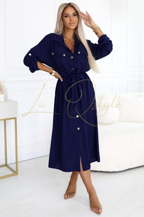 Szmizjerka midi ze złotymi guzikami i wiązaniem GRANATOWA