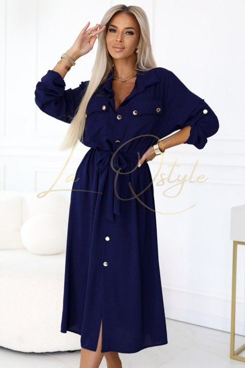 Szmizjerka midi ze złotymi guzikami i wiązaniem GRANATOWA