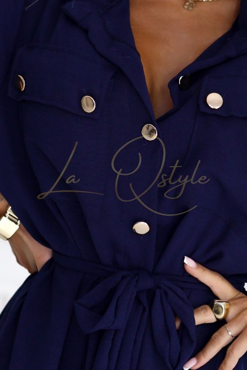 Szmizjerka midi ze złotymi guzikami i wiązaniem GRANATOWA