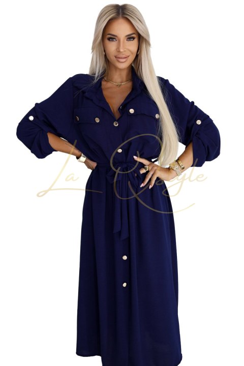 Szmizjerka midi ze złotymi guzikami i wiązaniem GRANATOWA