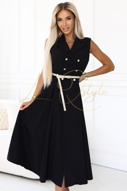 Elegancka szmizjerka midi ze złotymi guzikami i paskiem CZARNA