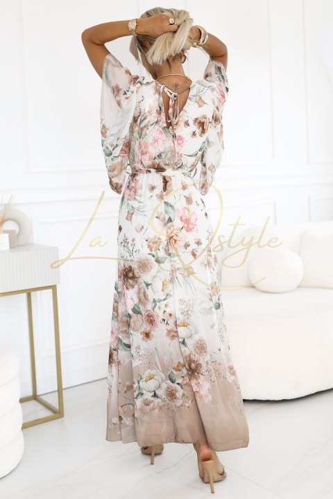 Zwiewna maxi sukienka z kopertowym dekoltem i kwiecistym wzorem - BEŻOWE RÓŻE