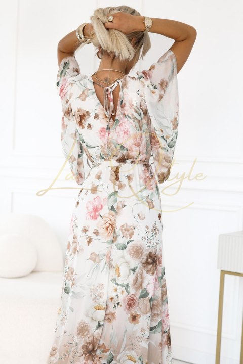 Zwiewna maxi sukienka z kopertowym dekoltem i kwiecistym wzorem - BEŻOWE RÓŻE
