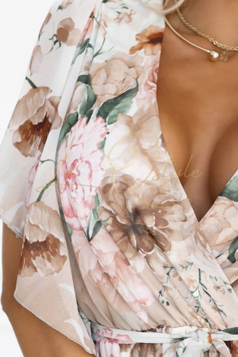 Zwiewna maxi sukienka z kopertowym dekoltem i kwiecistym wzorem - BEŻOWE RÓŻE