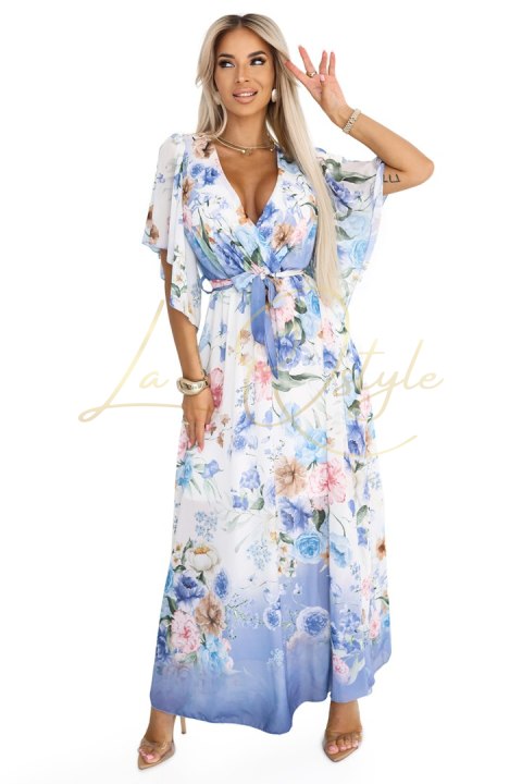 Zwiewna maxi sukienka z kopertowym dekoltem i kwiecistym wzorem BŁĘKITNE RÓŻE