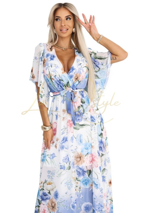 Zwiewna maxi sukienka z kopertowym dekoltem i kwiecistym wzorem BŁĘKITNE RÓŻE