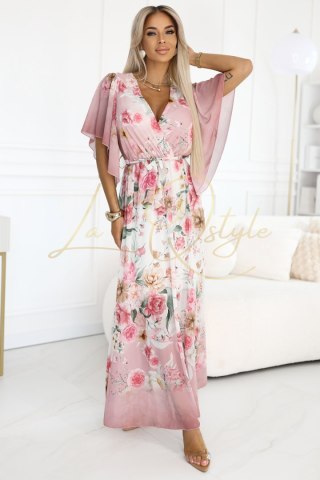 Zwiewna maxi sukienka z kopertowym dekoltem i kwiecistym wzorem - RÓŻOWE RÓŻE