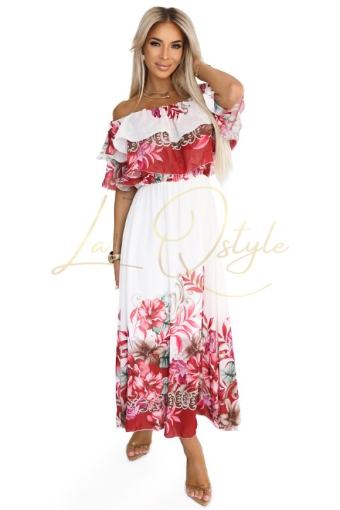 Długa letnia sukienka hiszpanka w kwiatowy czerwony wzór ombre