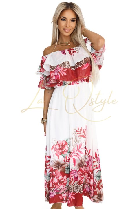 Długa letnia sukienka hiszpanka w kwiatowy czerwony wzór ombre