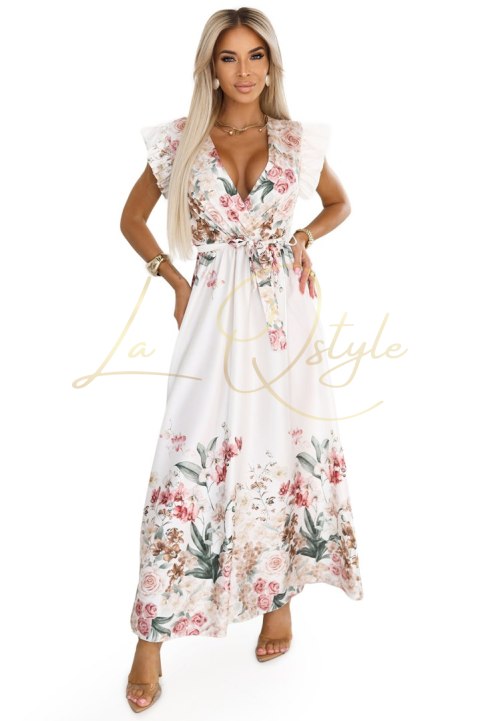 Satynowa sukienka maxi z dekoltem i kwiatowym ombre - elegancja w stylu boho