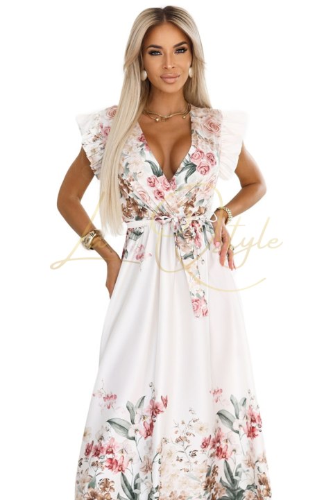 Satynowa sukienka maxi z dekoltem i kwiatowym ombre - elegancja w stylu boho