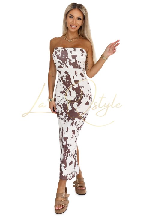 SAVANNAH dopasowana sukienka bez ramiączek w brązowo-biały wzór boho