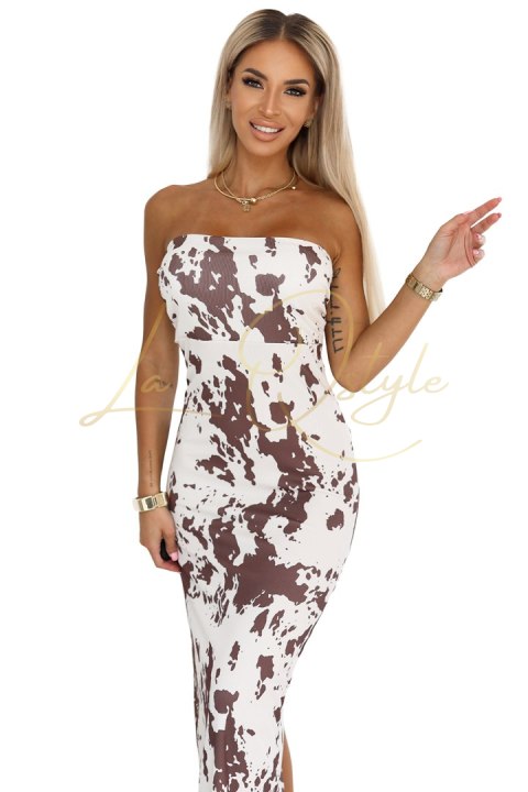 SAVANNAH dopasowana sukienka bez ramiączek w brązowo-biały wzór boho