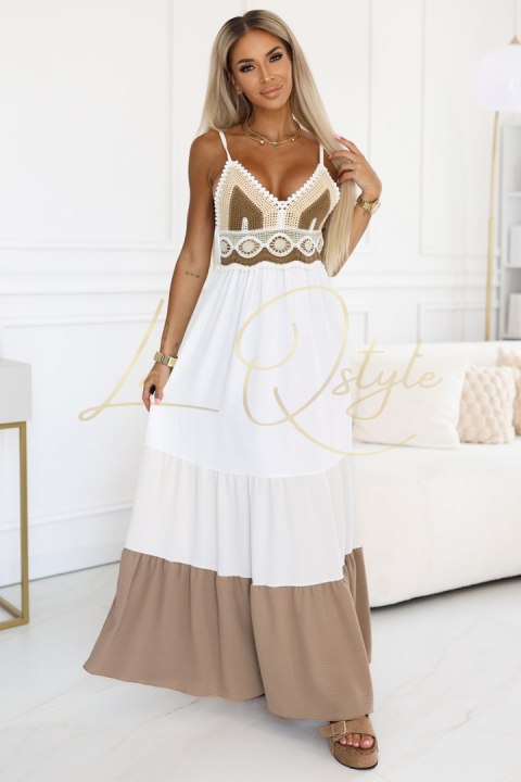 Długa beżowo-biała sukienka na ramiączkach z szydełkową górą - boho