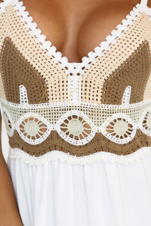 Długa beżowo-biała sukienka na ramiączkach z szydełkową górą - boho