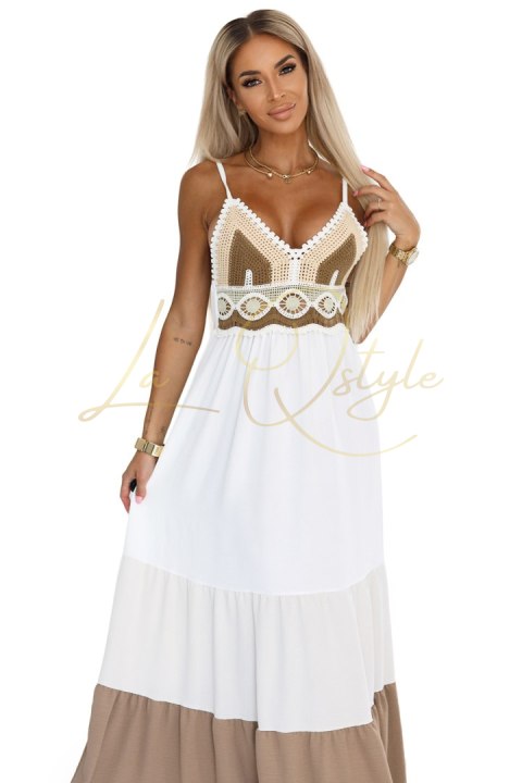 Długa beżowo-biała sukienka na ramiączkach z szydełkową górą - boho