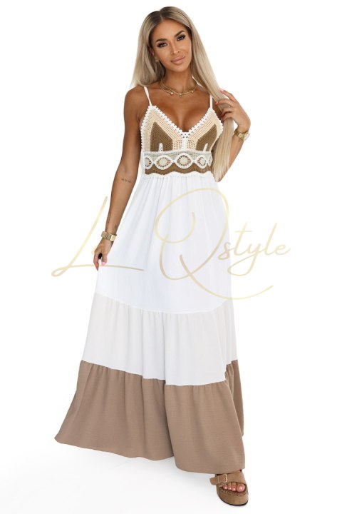 Długa beżowo-biała sukienka na ramiączkach z szydełkową górą - boho
