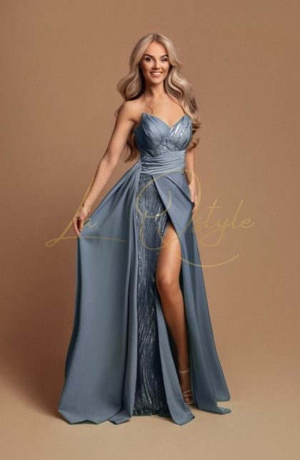 ISABELLE rozkloszowana długa sukienka z rozcięciem i cekinowym gorsetem ZIMNY NIEBIESKI