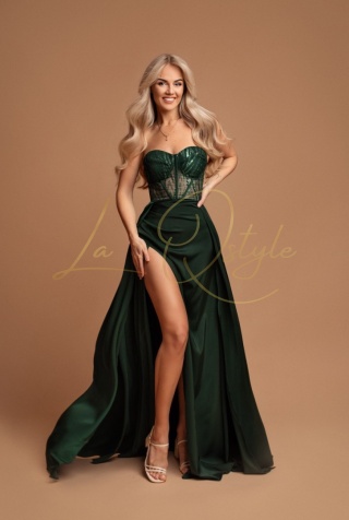 JOANA satynowa długa rozkloszowana sukienka z błyszczącym gorsetem BUTELKOWA ZIELEŃ