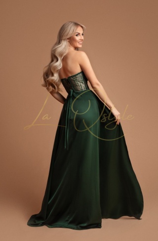 JOANA satynowa długa rozkloszowana sukienka z błyszczącym gorsetem BUTELKOWA ZIELEŃ