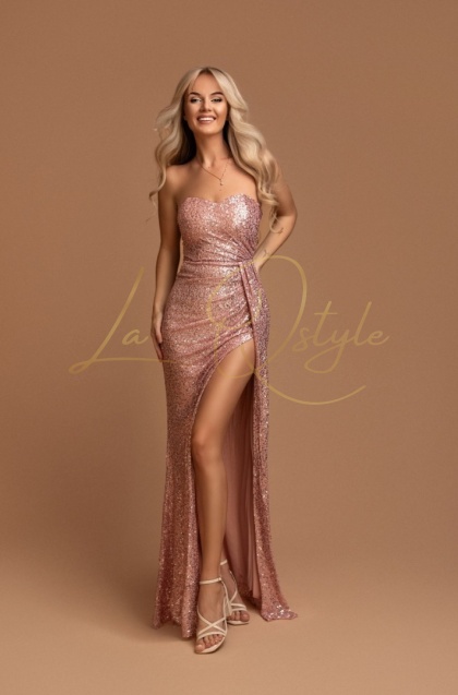 KARINA cekinowa sukienka rybka z rozcięciem i gorsetem PUDROWY RÓŻ