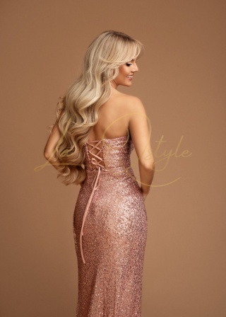 KARINA cekinowa sukienka rybka z rozcięciem i gorsetem PUDROWY RÓŻ