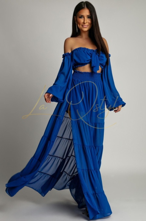 Zwiewny komplet z hiszpańskim topem i spódnicą CHABROWY