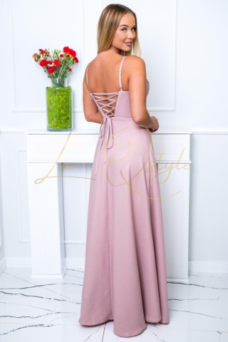 INEZ maxi sukienka z wiązaniem na plecach i rozcięciem PUDROWY RÓŻ