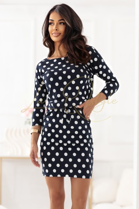 Sukienka sportowa z wiązaniem i kieszonkami - granat w białe grochy