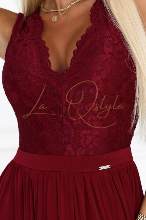 ługa suknia z koronkowym dekoltem i rozcięciem na nogę BORDOWA