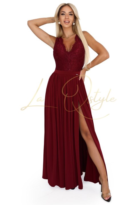 ługa suknia z koronkowym dekoltem i rozcięciem na nogę BORDOWA