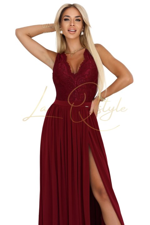 ługa suknia z koronkowym dekoltem i rozcięciem na nogę BORDOWA