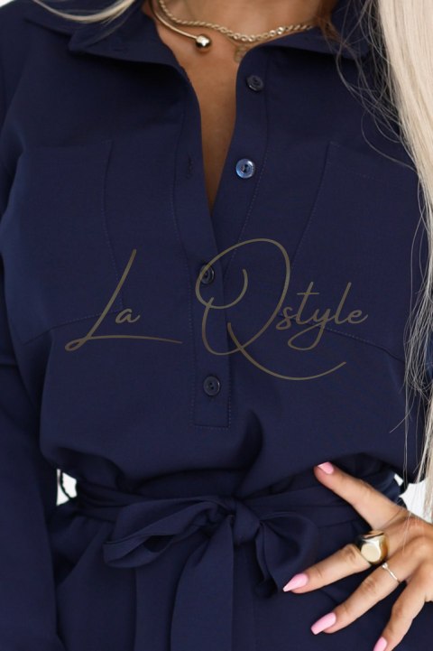 Koszulowa sukienka szmizjerka z kieszeniami i wiązaniem GRANATOWA