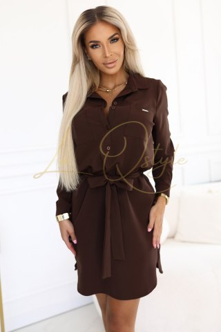 CAMILLE Koszulowa sukienka z kieszeniami i wiązaniem CZEKOLADOWA
