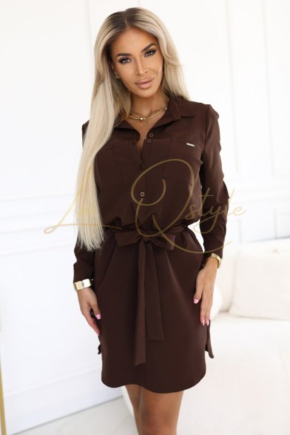 CAMILLE Koszulowa sukienka z kieszeniami i wiązaniem CZEKOLADOWA