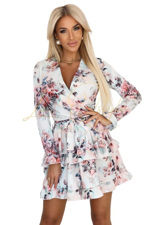 Zwiewna sukienka w kwiaty z kopertowym dekoltem i falbanami