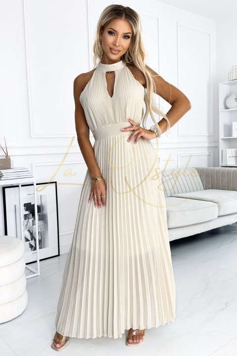 Plisowana sukienka midi z wycięciem w kształcie łezki na dekolcie BEŻOWA