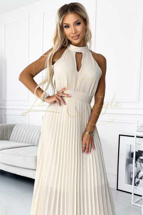 Plisowana sukienka midi z wycięciem w kształcie łezki na dekolcie BEŻOWA