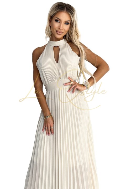 Plisowana sukienka midi z wycięciem w kształcie łezki na dekolcie BEŻOWA