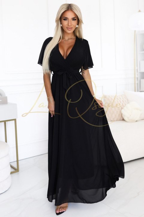 Długa sukienka z plisowanym dekoltem i wiązaniem CZARNA