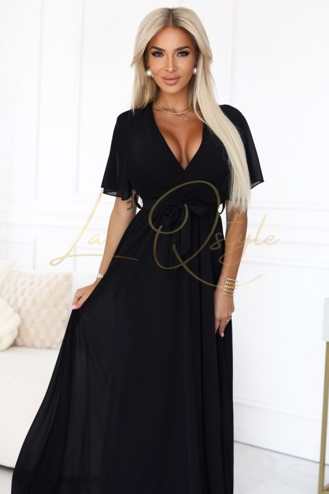 Długa sukienka z plisowanym dekoltem i wiązaniem CZARNA