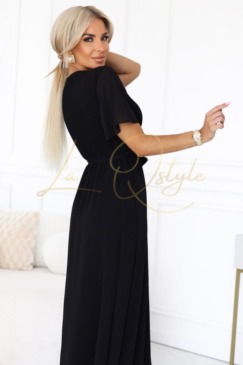 Długa sukienka z plisowanym dekoltem i wiązaniem CZARNA