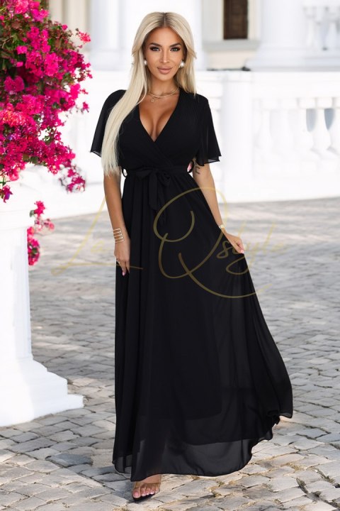 Długa sukienka z plisowanym dekoltem i wiązaniem CZARNA