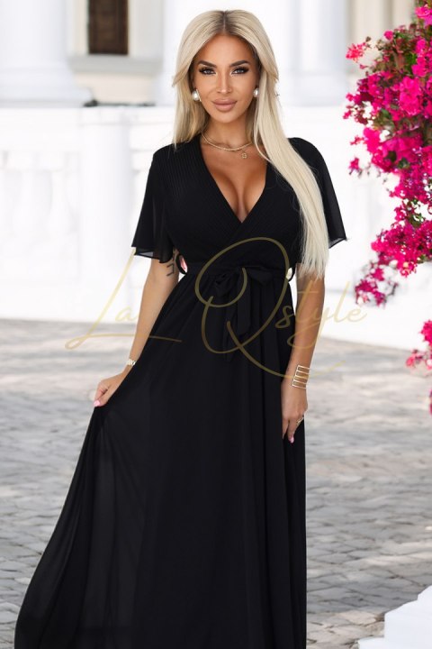Długa sukienka z plisowanym dekoltem i wiązaniem CZARNA