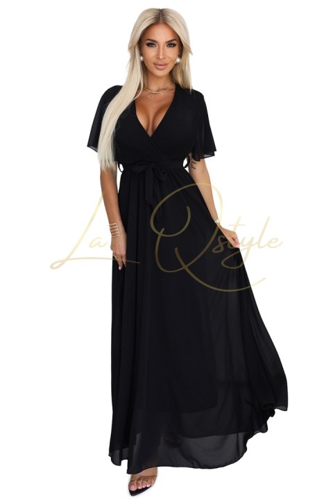Długa sukienka z plisowanym dekoltem i wiązaniem CZARNA