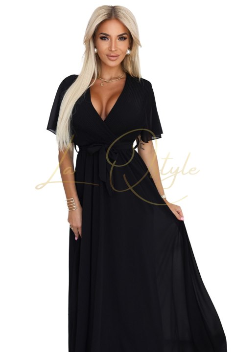 Długa sukienka z plisowanym dekoltem i wiązaniem CZARNA