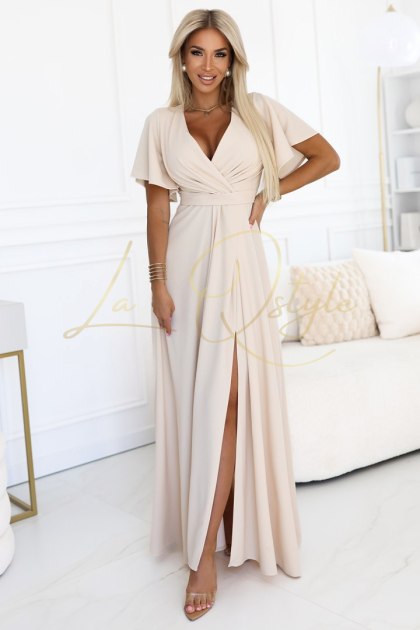 JENNIFER długa suknia z rozcięciem na nogę, rękawkiem i dekoltem BEŻOWA