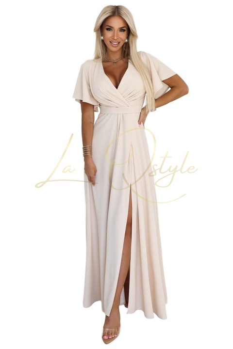 Długa suknia z rozcięciem na nogę, rękawkiem i dekoltem BEŻOWA